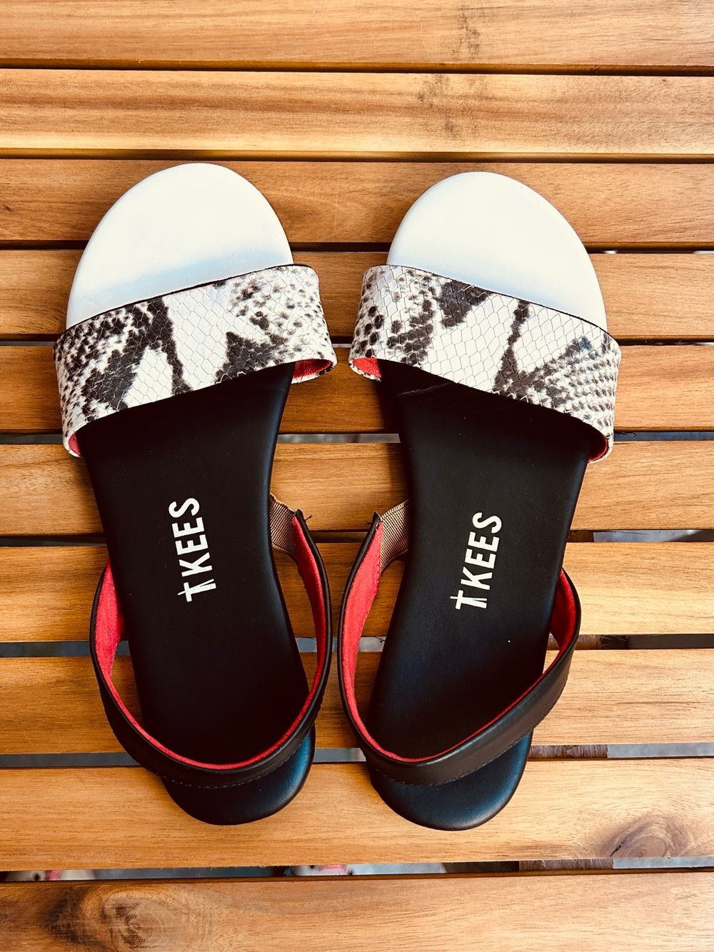 TKEES White, Black & Snake-Print Slingback Sandals